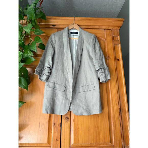 Zara Woman Beige Linen Blazer Jacket Women’s Size L – Ruched Sleeve Open Front - Picture 5 of 14